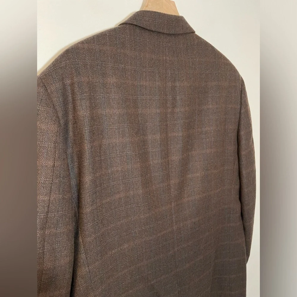 Haspel Brown 100% Lambswool Mens Suit Jacket Size 44 Long 3 Button Subtle Plaid
